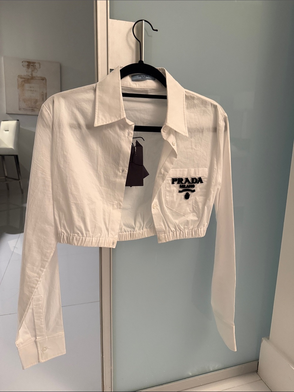 Prada Cropped White Button-Up Cropped Shirt with Black Logo